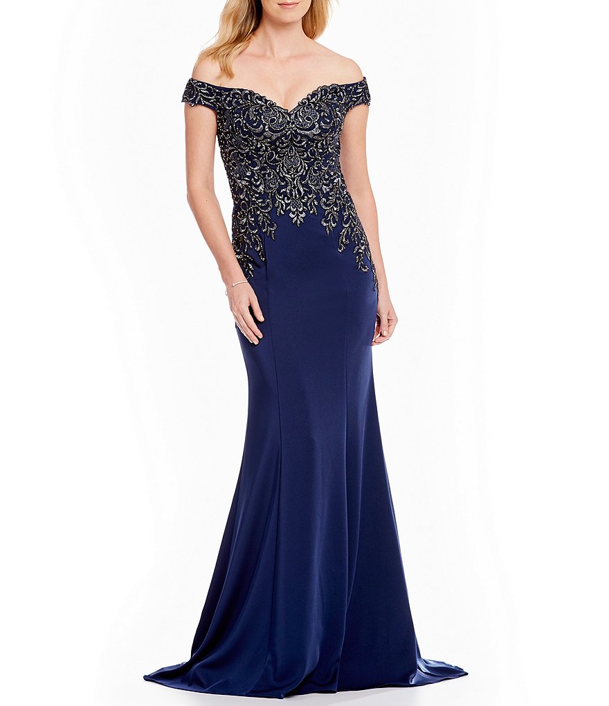 MGNY Madeline Gardner New York Off the Shoulder Embroidered Jersey Gown