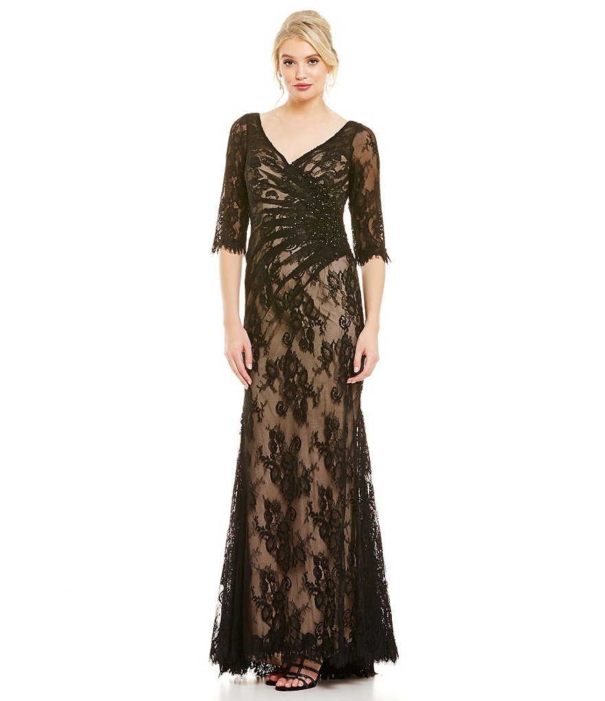MGNY Madeline Gardner New York Rouched Illusion Lace Gown
