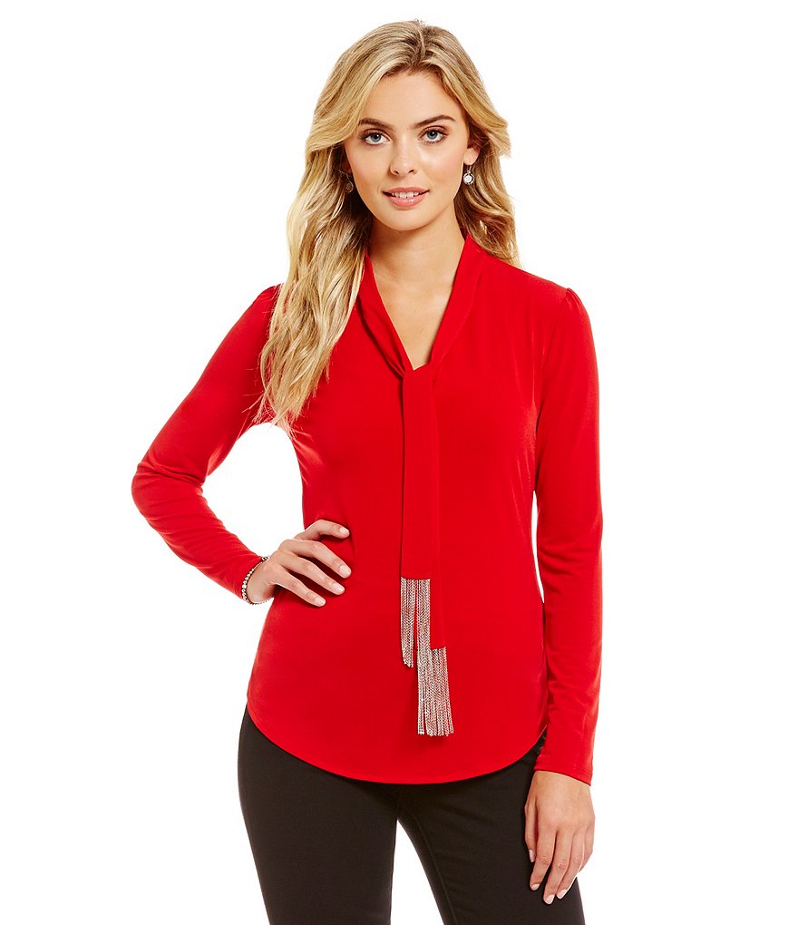 MICHAEL Michael Kors Chain Fringe Tie Neck Matte Jersey Top