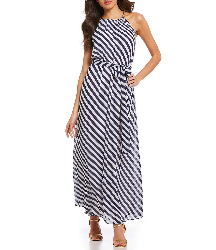 MICHAEL Michael Kors Diagonal Stripe Print Georgette Chain Neck Maxi Dress