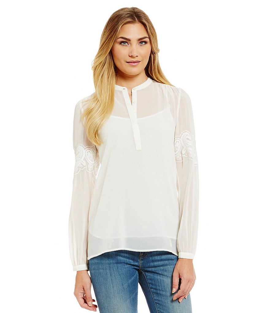MICHAEL Michael Kors Embroidered Bell Sleeve Chiffon Hi-Low Hem Top