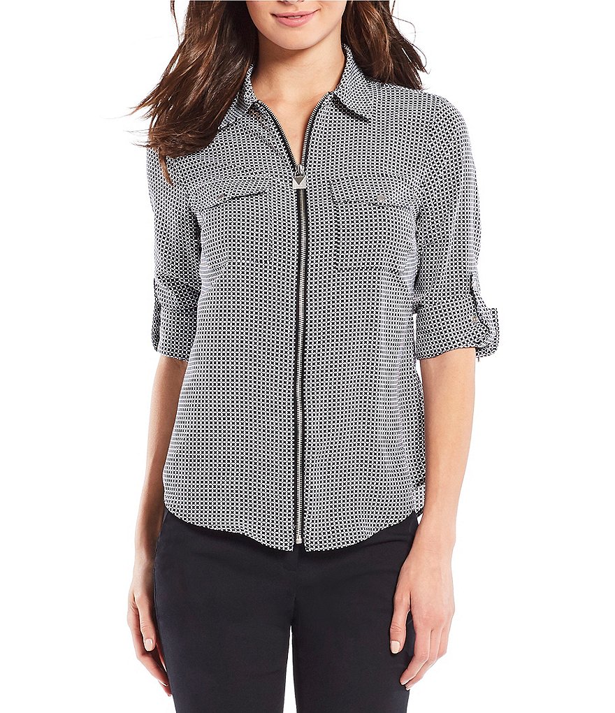MICHAEL Michael Kors Mini Mod Geometric Print Lock-Tag Zip Front Roll-Sleeve Shirt