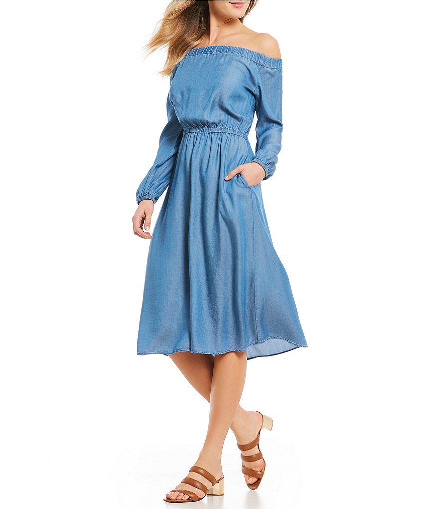 MICHAEL Michael Kors Off-The-Shoulder Long Sleeve Denim Midi Dress