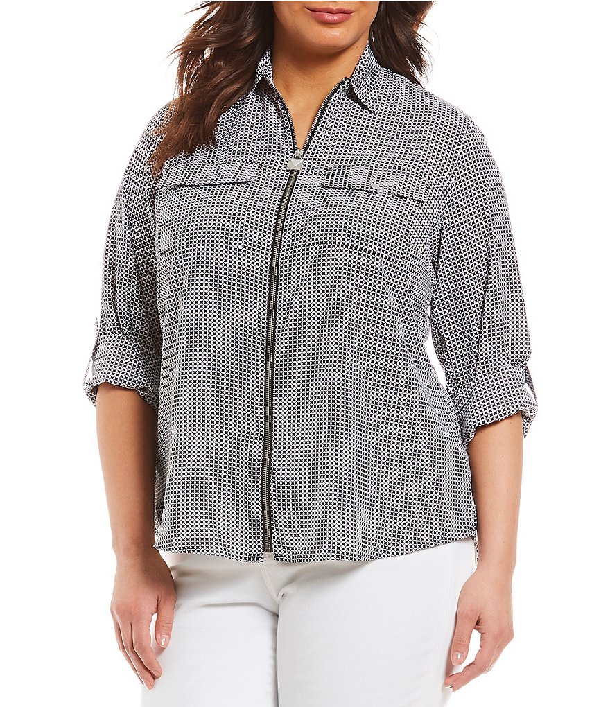 MICHAEL Michael Kors Plus Size Mini Mod Geometric Print Lock-Tag Zip Front Roll-Sleeve Shirt