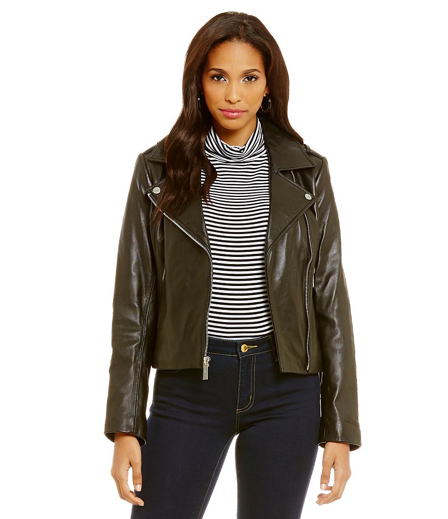 MICHAEL Michael Kors Short Asymmetrical Moto Genuine Leather Jacket