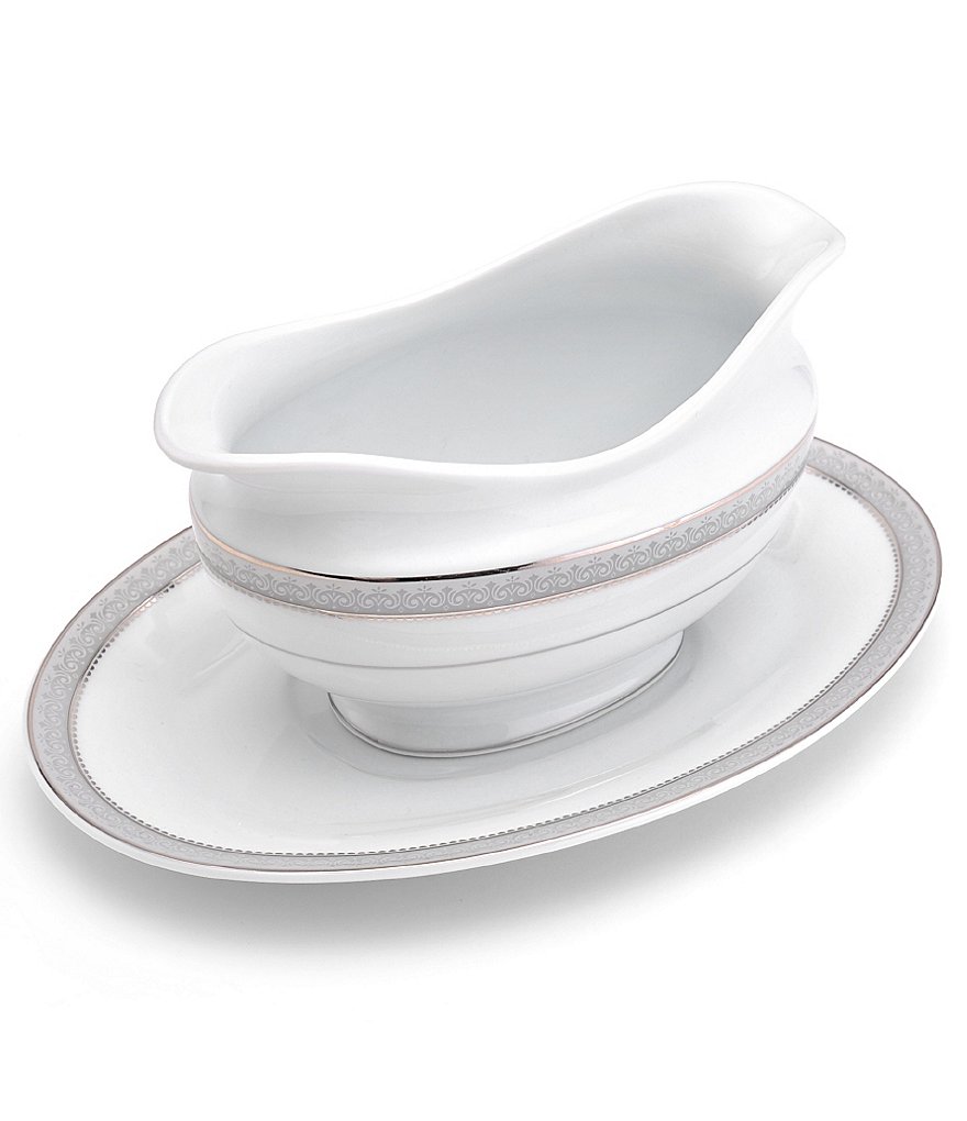 Mikasa Platinum Crown Filigree Platinum Porcelain Gravy Boat with Stand
