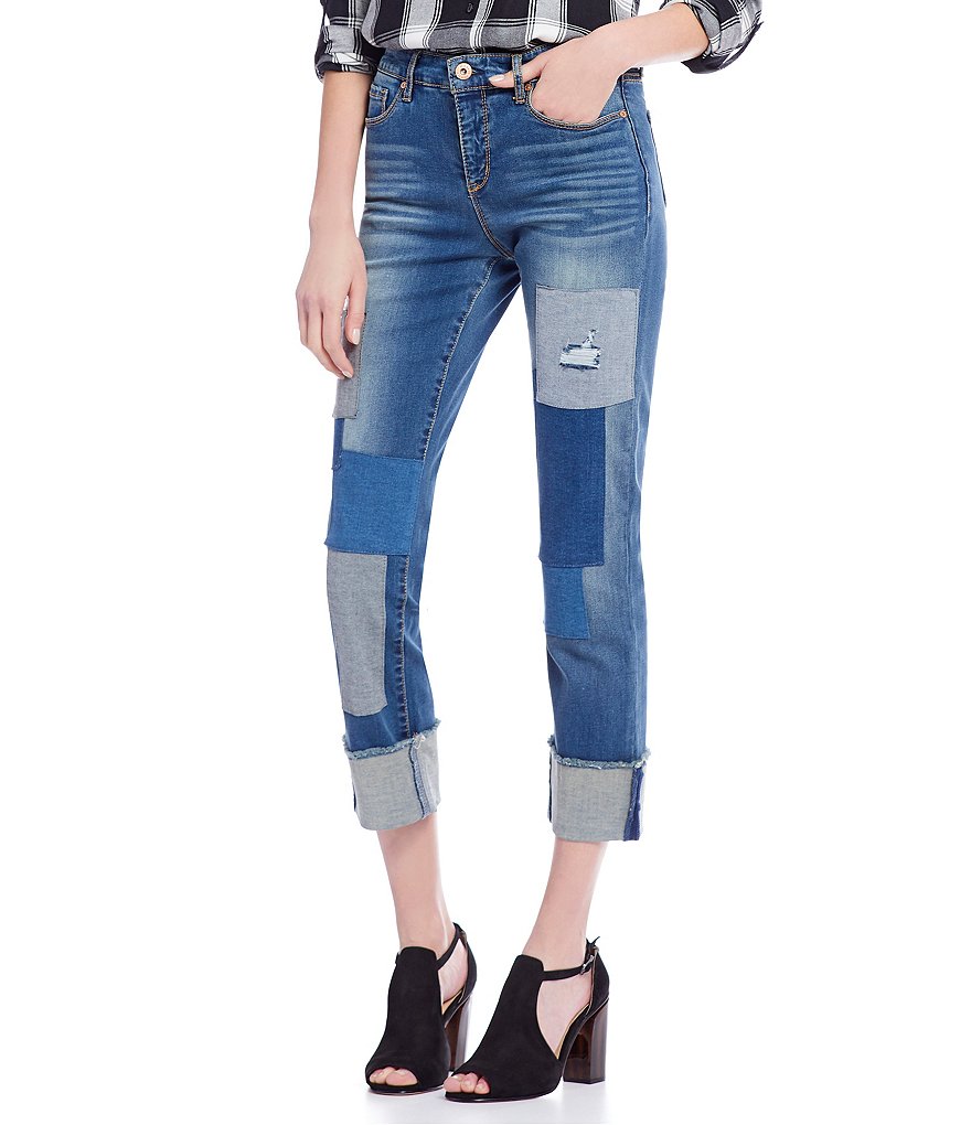MIRACLEBODY JEANS Believe Cuffed Straight Leg Patch Detail Jeans