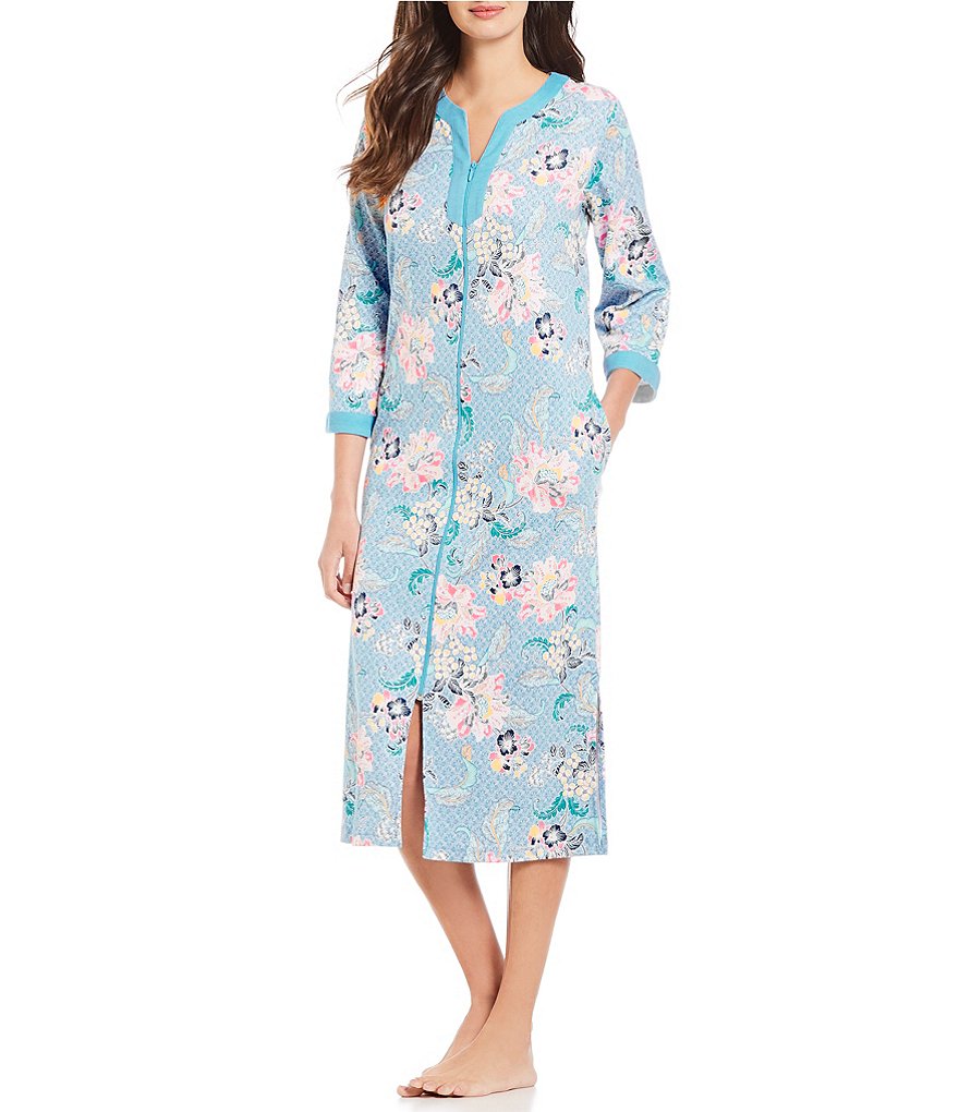 Miss Elaine Floral Print Interlock Knit Zip-Front Long Robe