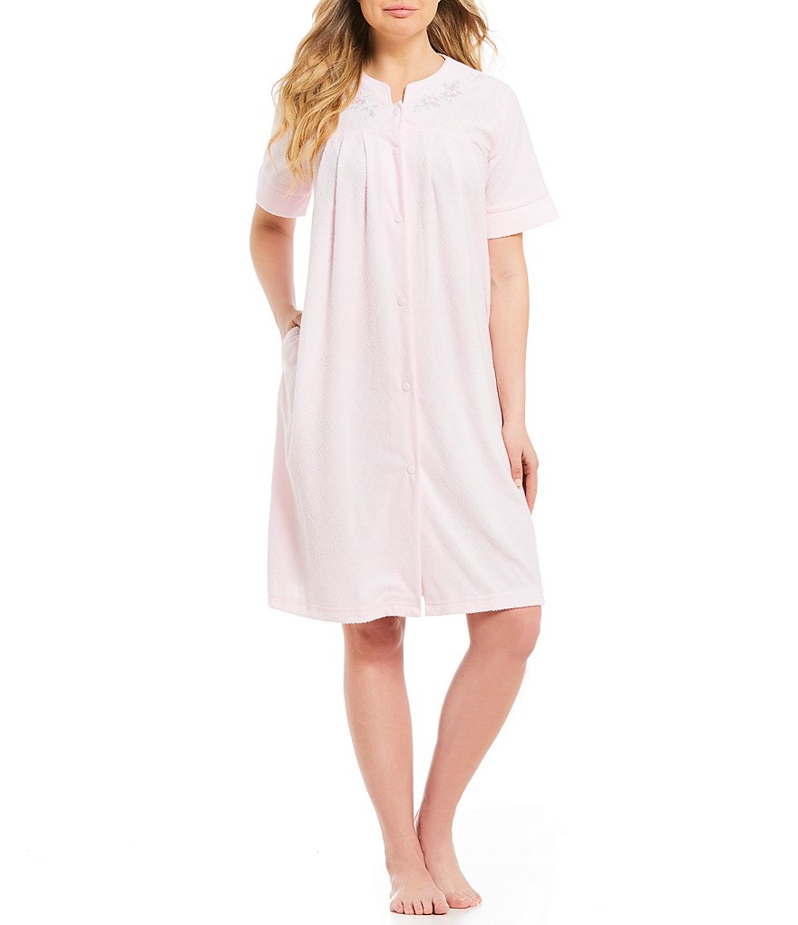 Miss Elaine Jacquard-Print Stretch Terry Grip-Front Short Robe