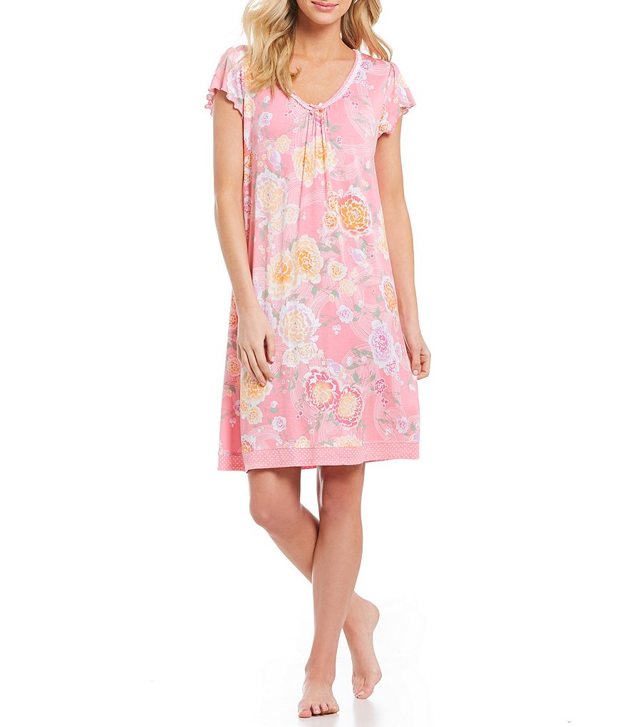 Miss Elaine Peonies & Bird Printed Liquid Knit Short NightGown
