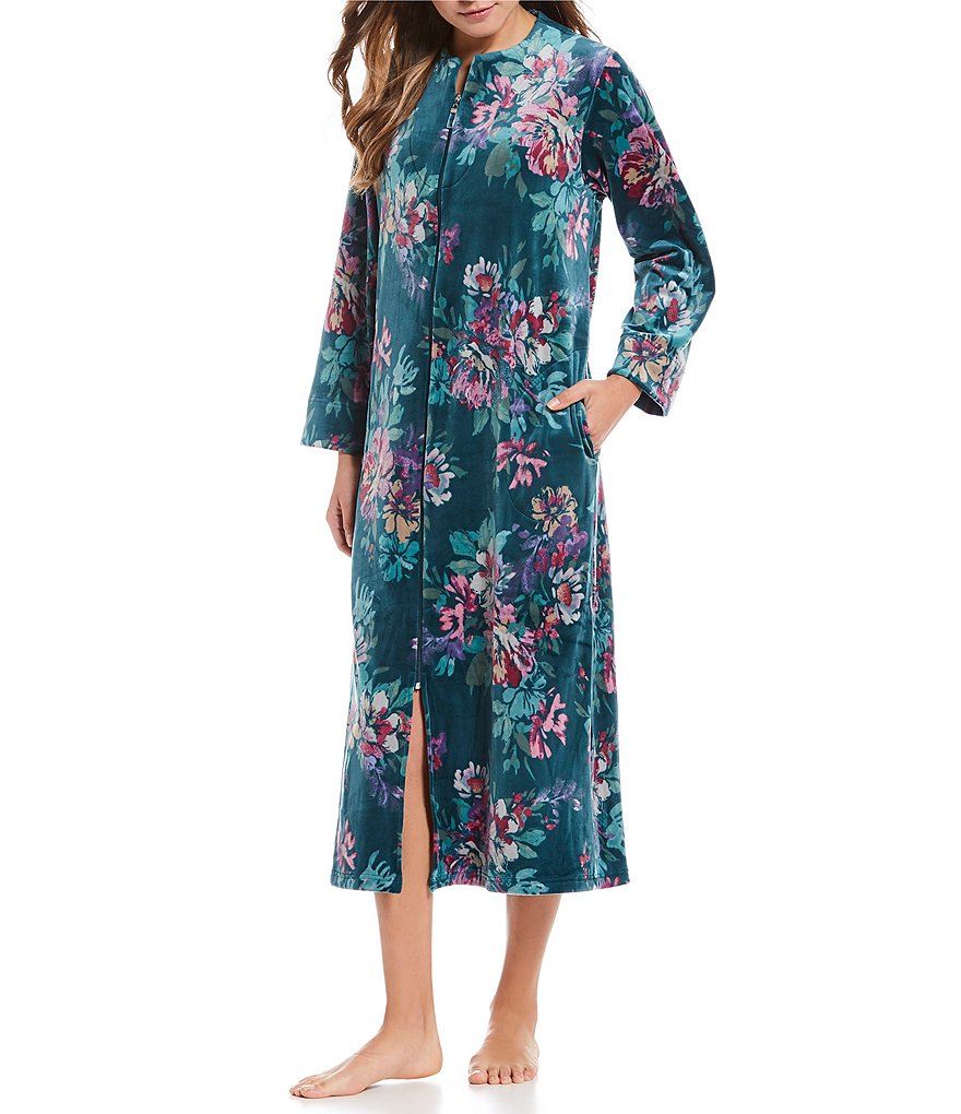 Miss Elaine Petite Floral-Printed Velvet Fleece Zip-Front Robe