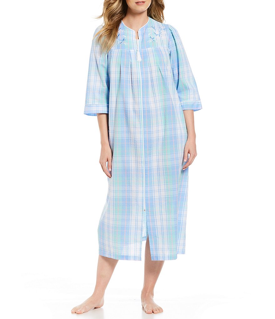 Miss Elaine Seersucker Plaid-Print Zip-Front Long Robe