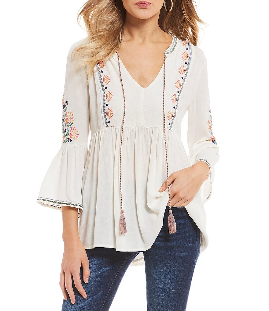 Miss Me Embroidered Bell Sleeve Peasant Top