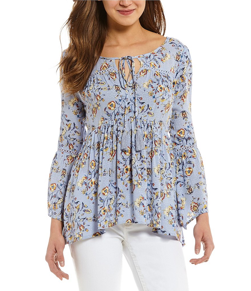 Miss Me Floral Printed Bell Sleeve Peasant Top