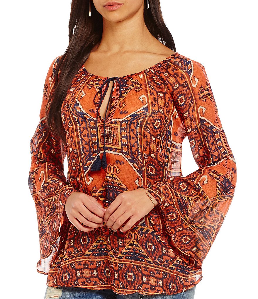 Miss Me Printed Chiffon Bell-Sleeve Peasant Top