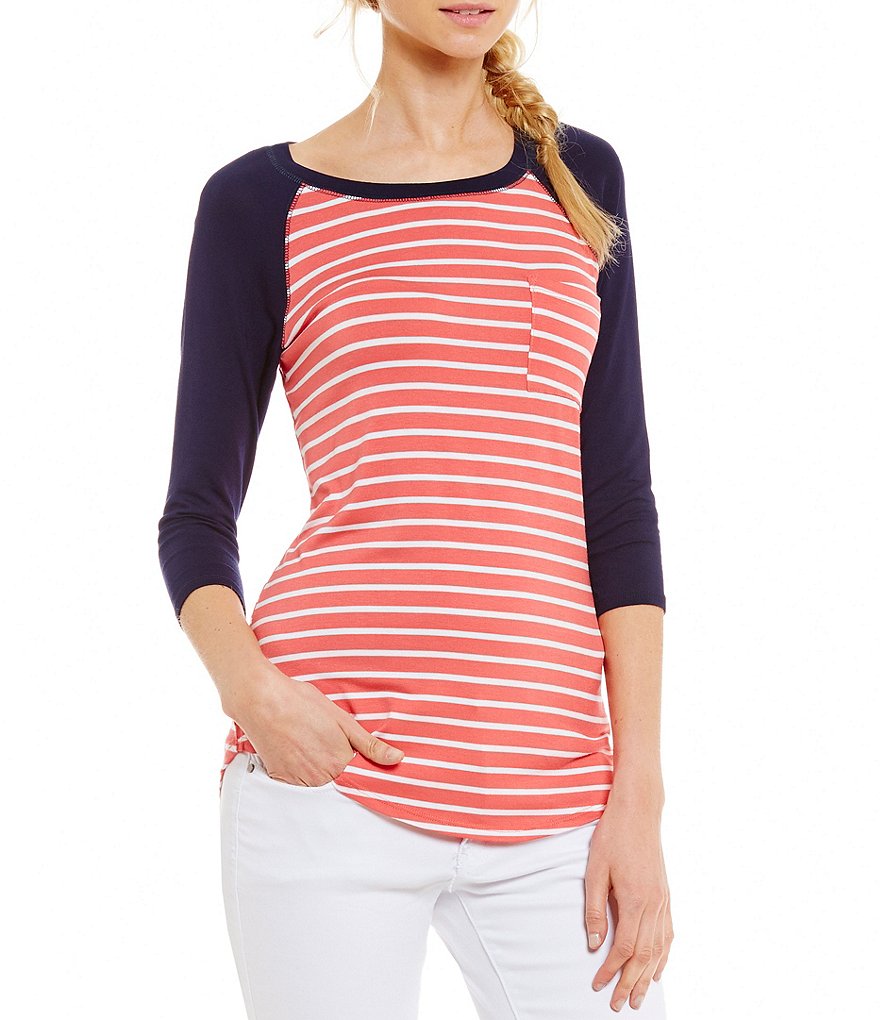 Moa Moa Striped Pocket 3/4 Sleeve Raglan Tee