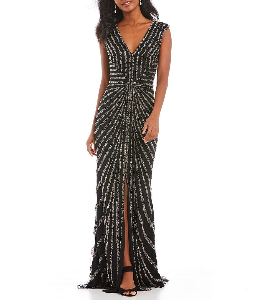 Mon Cheri V-Neck Crystal Beaded Gown