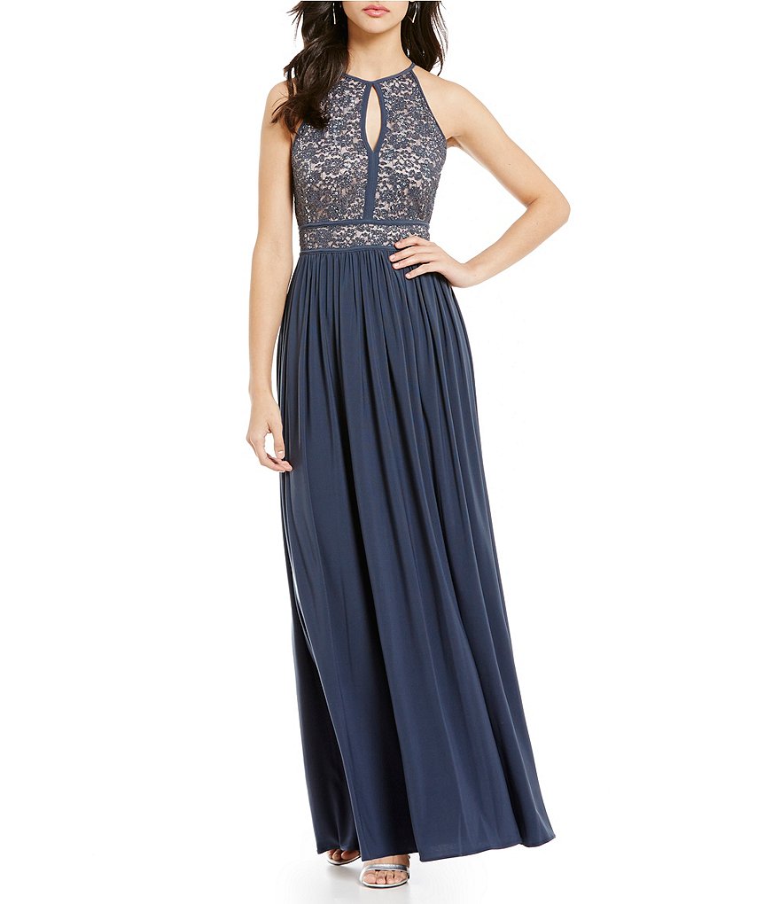 Morgan & Co. Lace-Bodice Keyhole-Neck Gown
