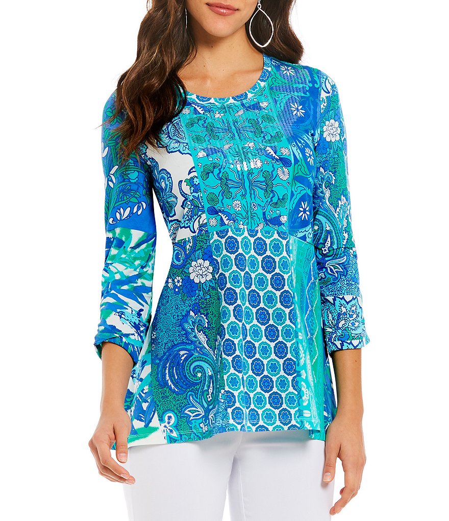 Multiples 3/4 Bungee Sleeve Embellished Round Neck Placement Print Tunic Top