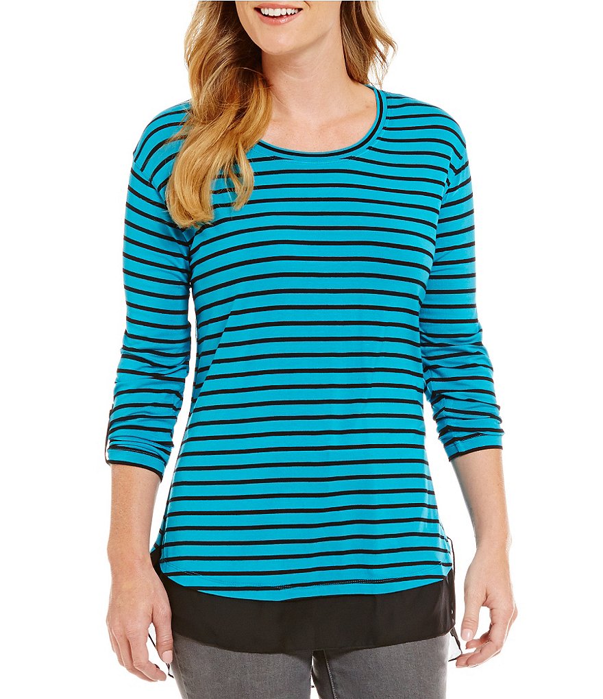 Multiples 3/4 Roll-Tab Sleeve Stripe Hi-Low Top