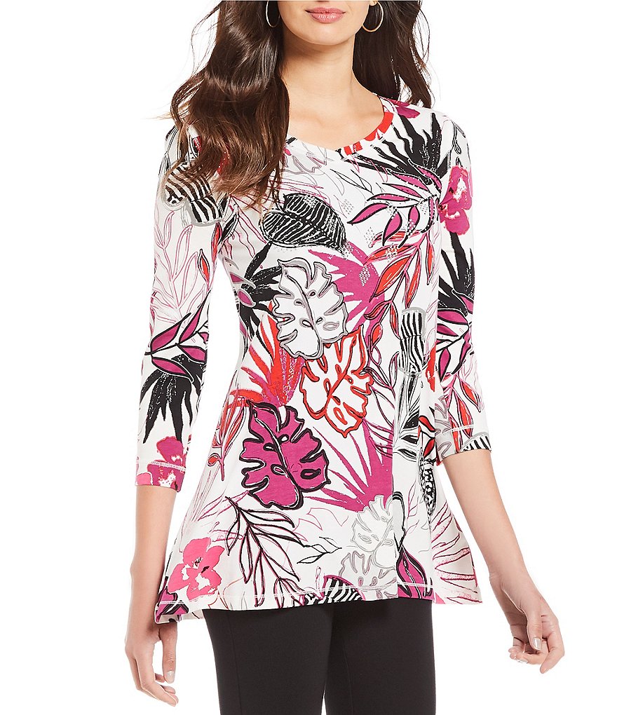 Multiples 3/4 Sleeve Floral Print Swing Knit Top