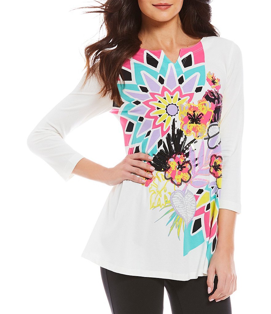 Multiples Notch V-Neck Hi-Lo Hemline Printed Top