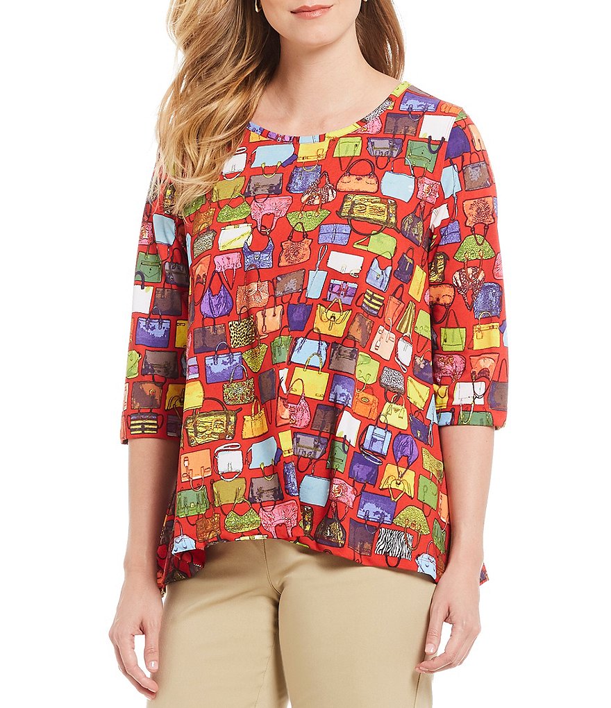 Multiples Petite Size 3/4 Sleeve Print Textured Knit Top