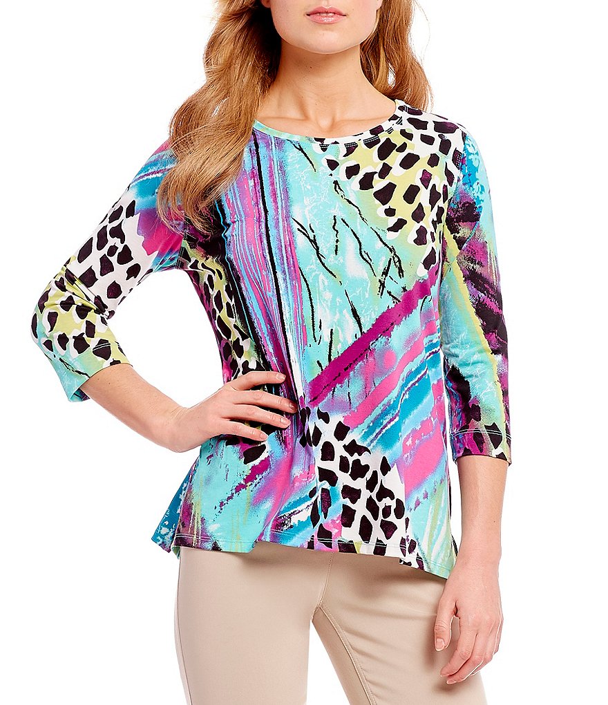 Multiples Petites Elbow Sleeve Printed Crew Neck Tunic