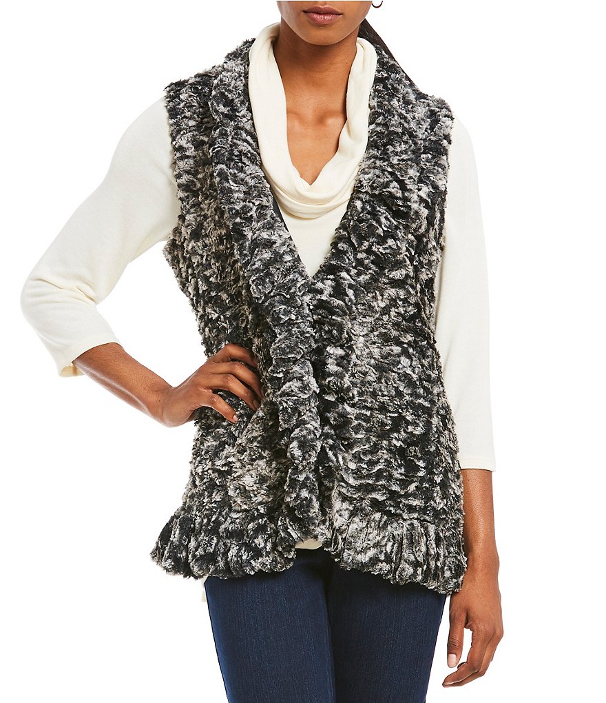Multiples Petites Multi Colored Open Front Ruffle Front Faux-Fur Vest