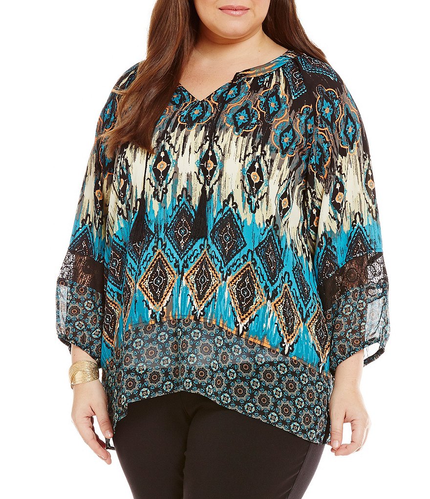 Multiples Plus 3/4 Sleeve Band Collar Tie Notch Neck Print Top
