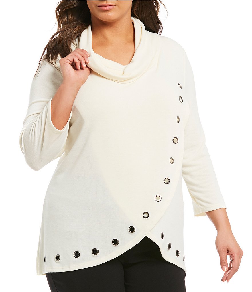 Multiples Plus Cowl Neck Wrap Front Grommet Embellished Top
