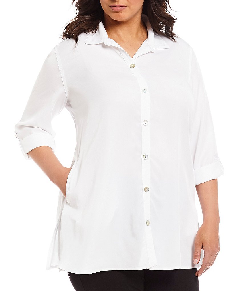 Multiples Plus Long Roll-Tab Sleeve Solid Tencel Shirt