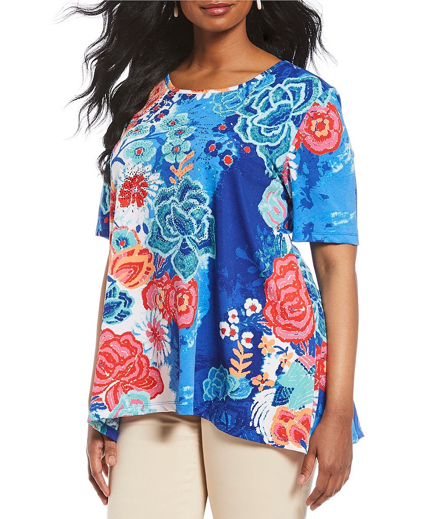 Multiples Plus Size Embellished Elbow Sleeve Tie Dye Print Textured Knit Tunic