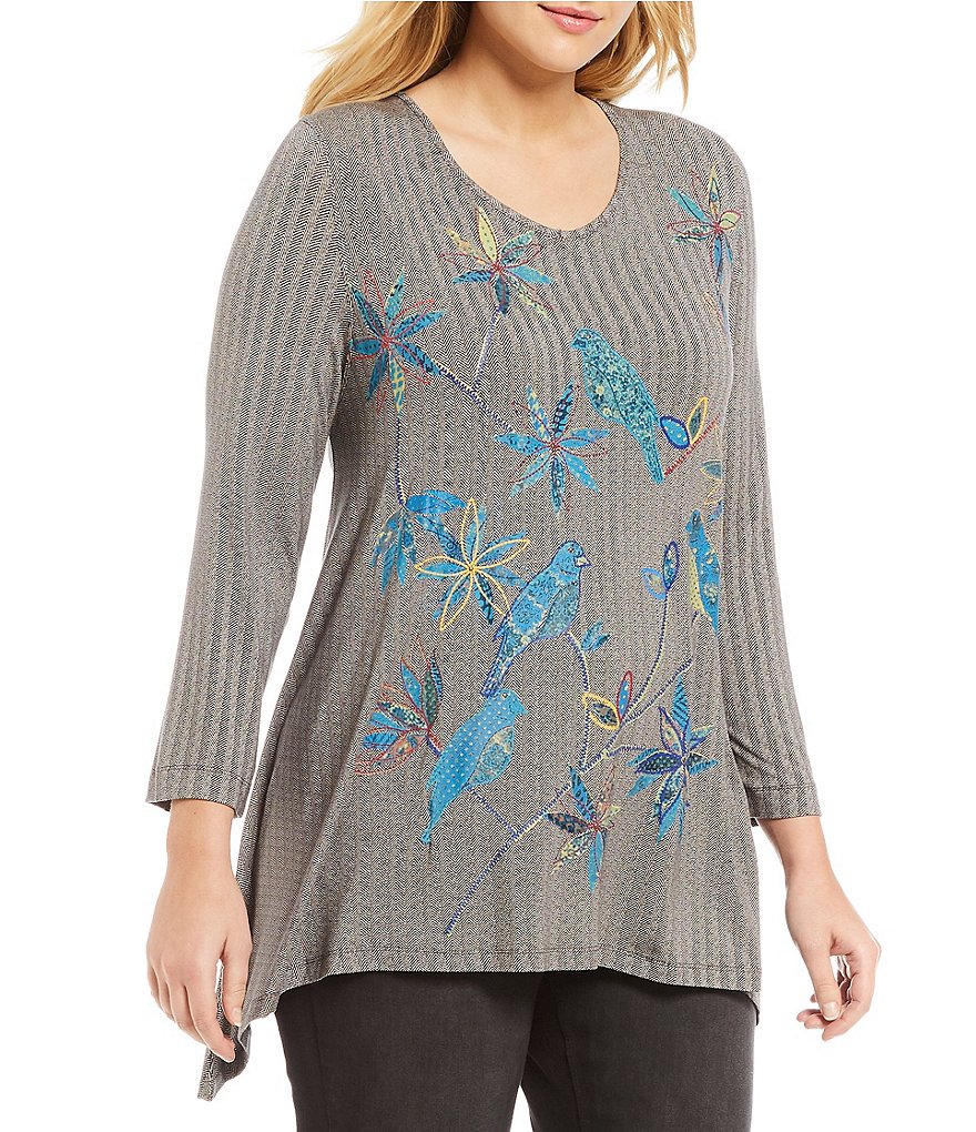 Multiples Plus V-Neck Herringbone 3/4 Sleeve Puff Print Top
