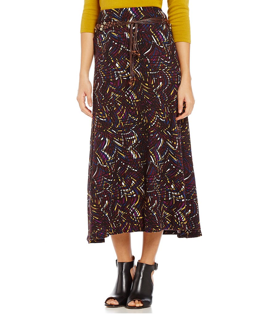 Multiples Pull-On Brush Print Tie Belt A-Line Skirt
