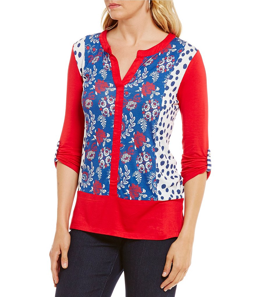 Multiples RollTab Sleeve Collar Print & Solid Knit Top Dillards
