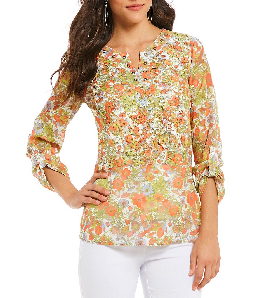 Multiples Roll-Tab Sleeve Print Lace Clip Jacquard Notch Neck Top