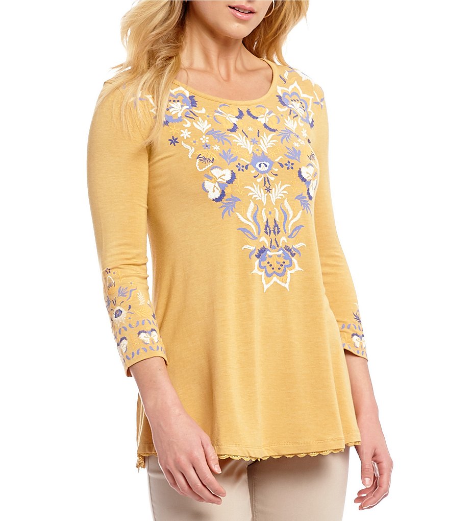 Multiples Solid Scoop Neck Puff Print 3/4 Sleeve Top