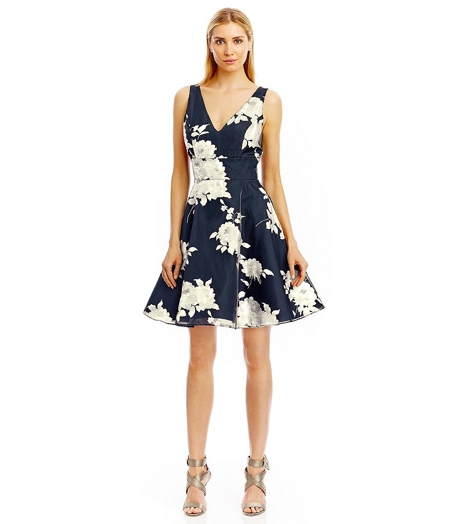 Nicole Miller New York Burnout Jacquard V-Neck Bustle Back Dress