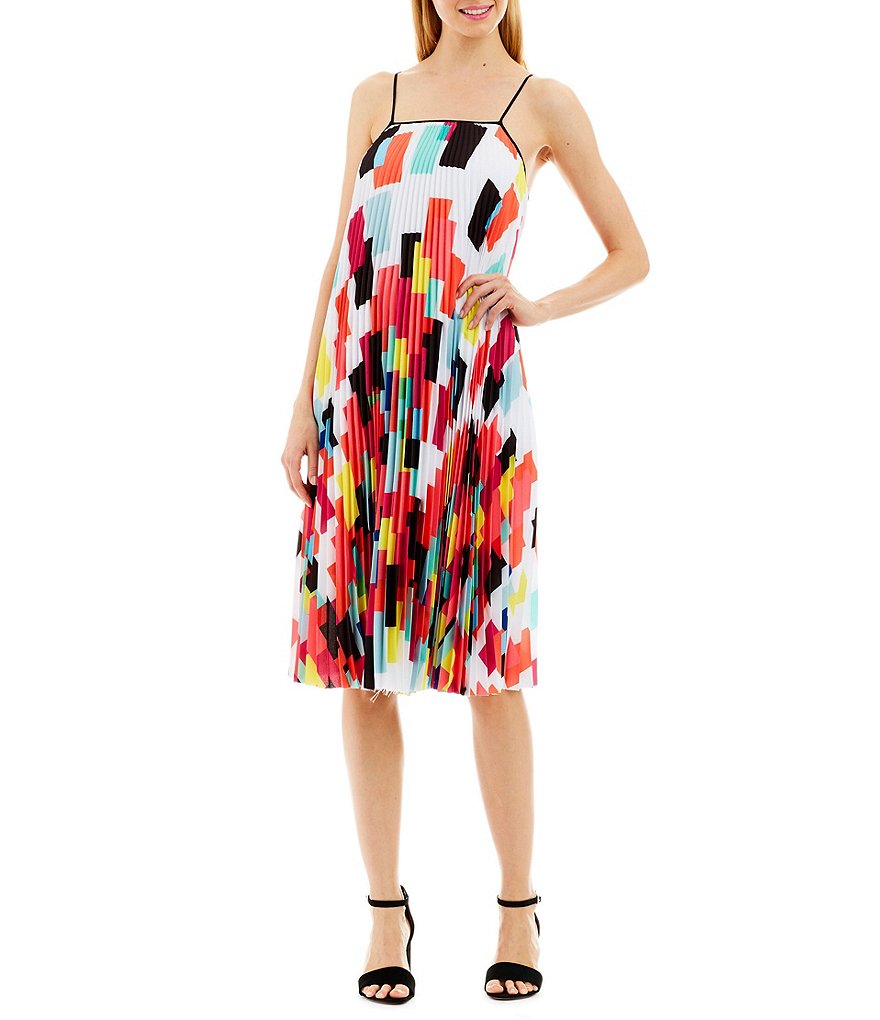 Nicole Miller New York Geo-Print Chiffon Pleated Dress
