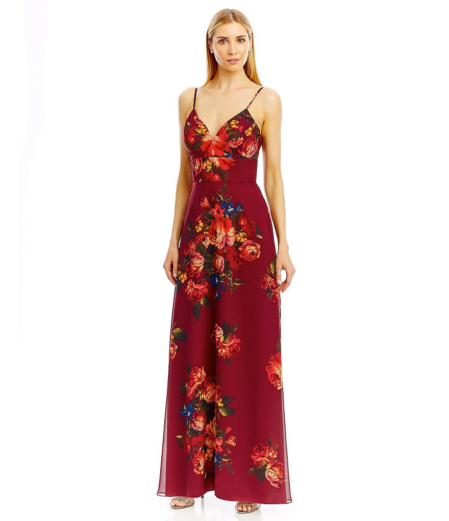 Nicole Miller New York Spaghetti Strap Floral Print Chiffon Gown