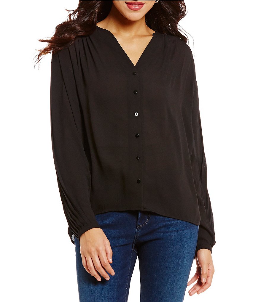 NYDJ Pleated Front Split V-Neck Long Sleeve Solid Blouse