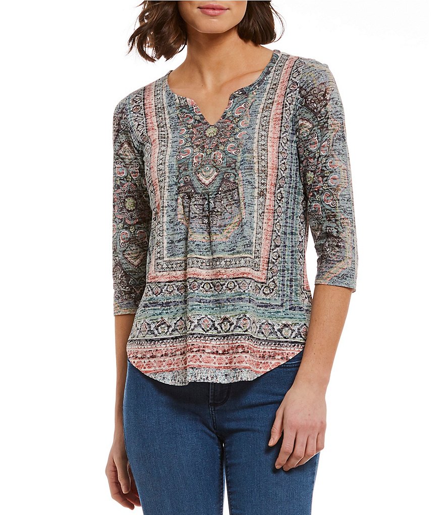 One World Apparel Petites Embellished Notch Neck Burnout Roll-Tab Sleeve Tunic