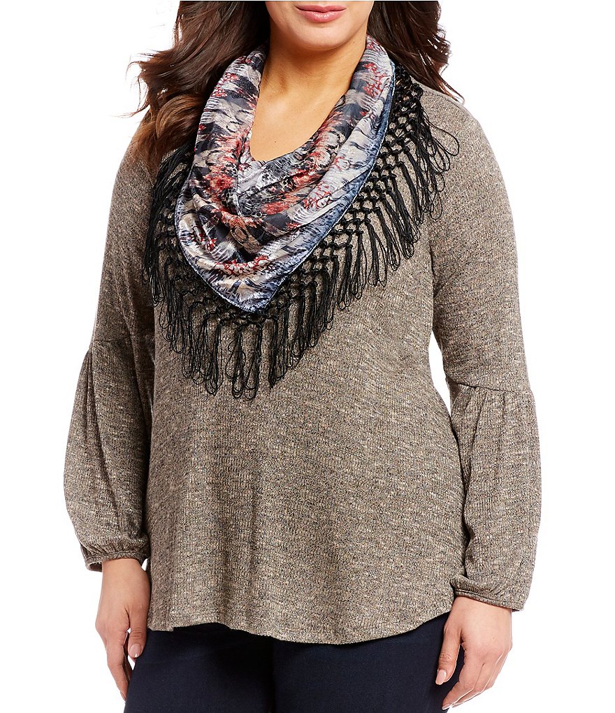 One World Apparel Plus Size Long Poet Sleeve Printed Jacquard Scarf Top