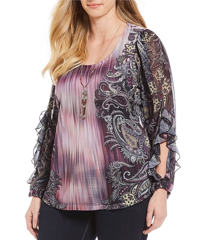 One World Apparel Plus Size Paisley Print Ruffle Sleeve Necklace Top