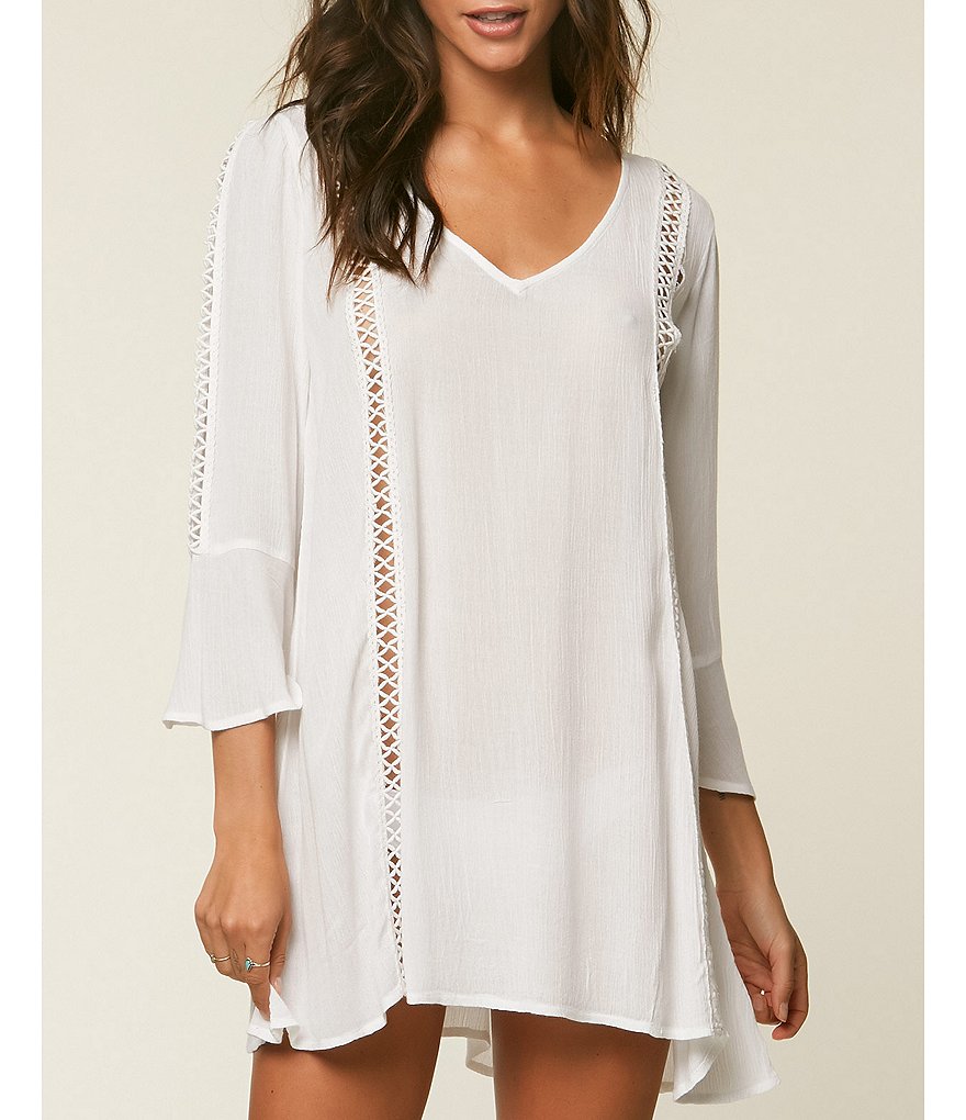 O'Neill Estella V-Neck Crochet Trim Bell Sleeve Dress Cover-Up