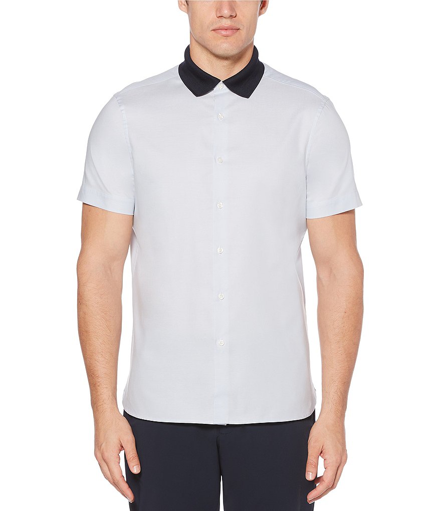 Perry Ellis Solid Oxford Knit Collar Short-Sleeve Woven Shirt