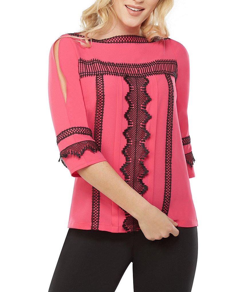Peter Nygard Embroidered Lace Trimmed Cold Shoulder Blouse