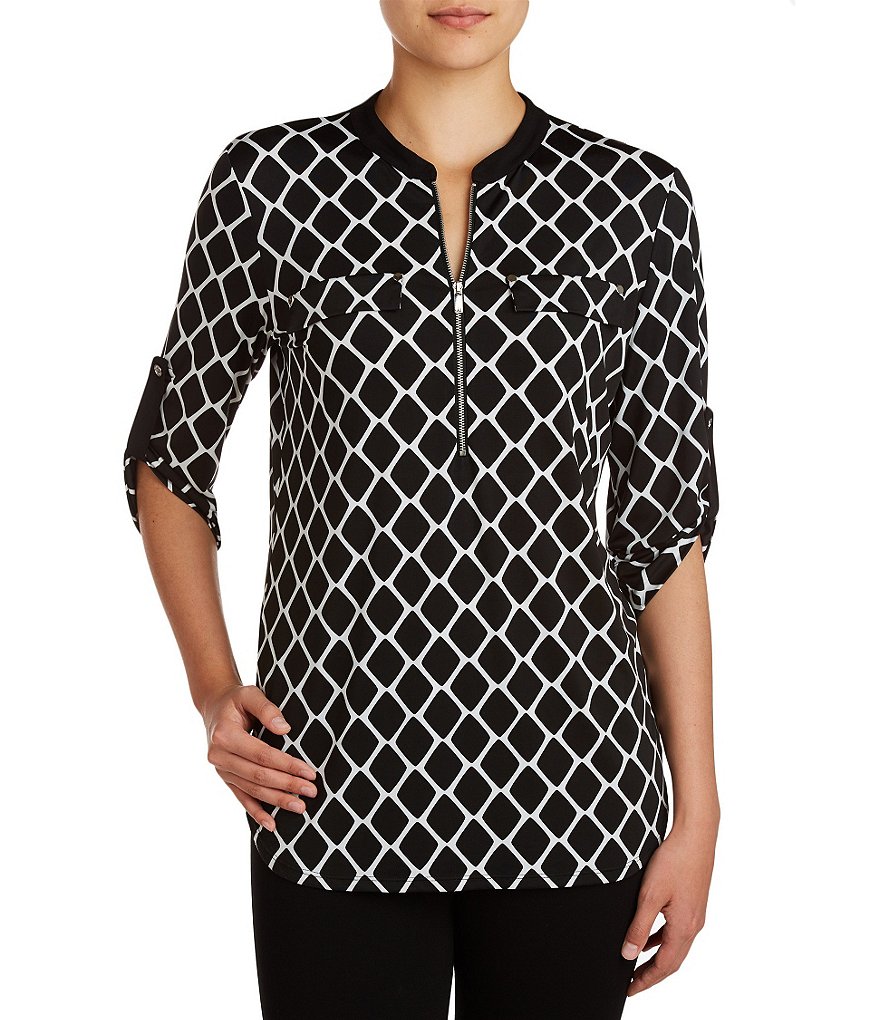 Peter Nygard Petite Printed 3/4 Roll-Tab Sleeve Utility Shirt