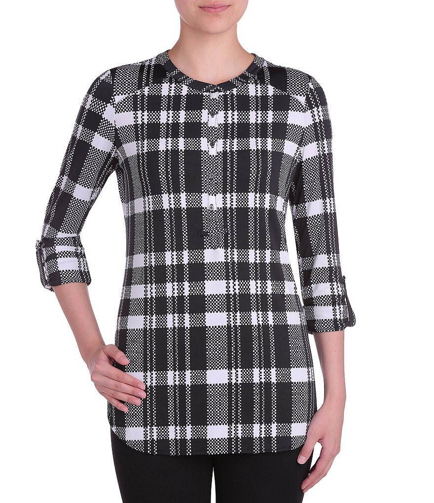 Peter Nygard Printed Plaid Roll-Tab Sleeve Blouse